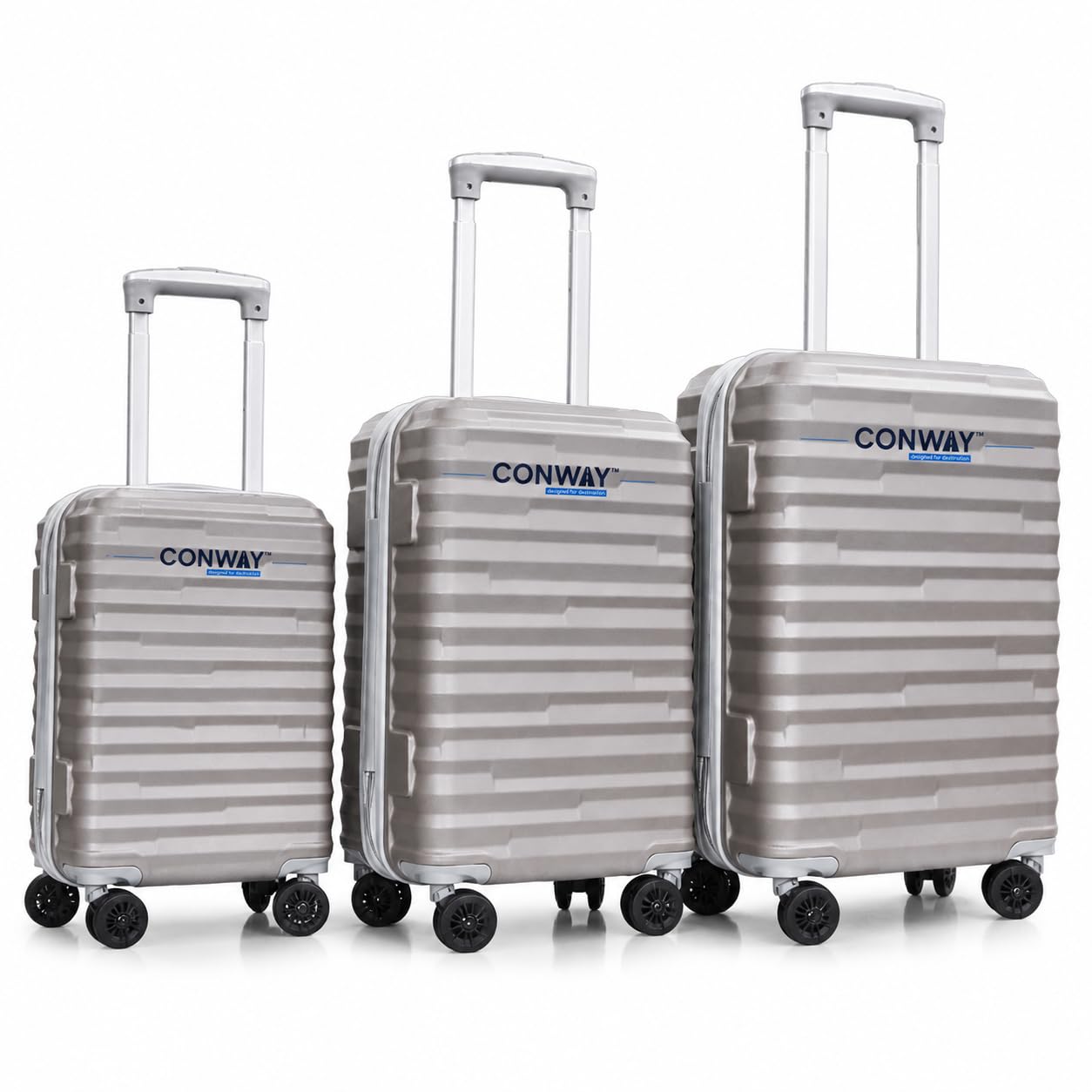 CONWAY 3 Piece Luggage Set | Cabin 55cm + Medium 65cm + Large 76cm Trolley Bags for Travel | ABS Hard Shell Suitcase | TSA Lock, Zippers & Silent 8 Wheels | (Grey, Set of 3)