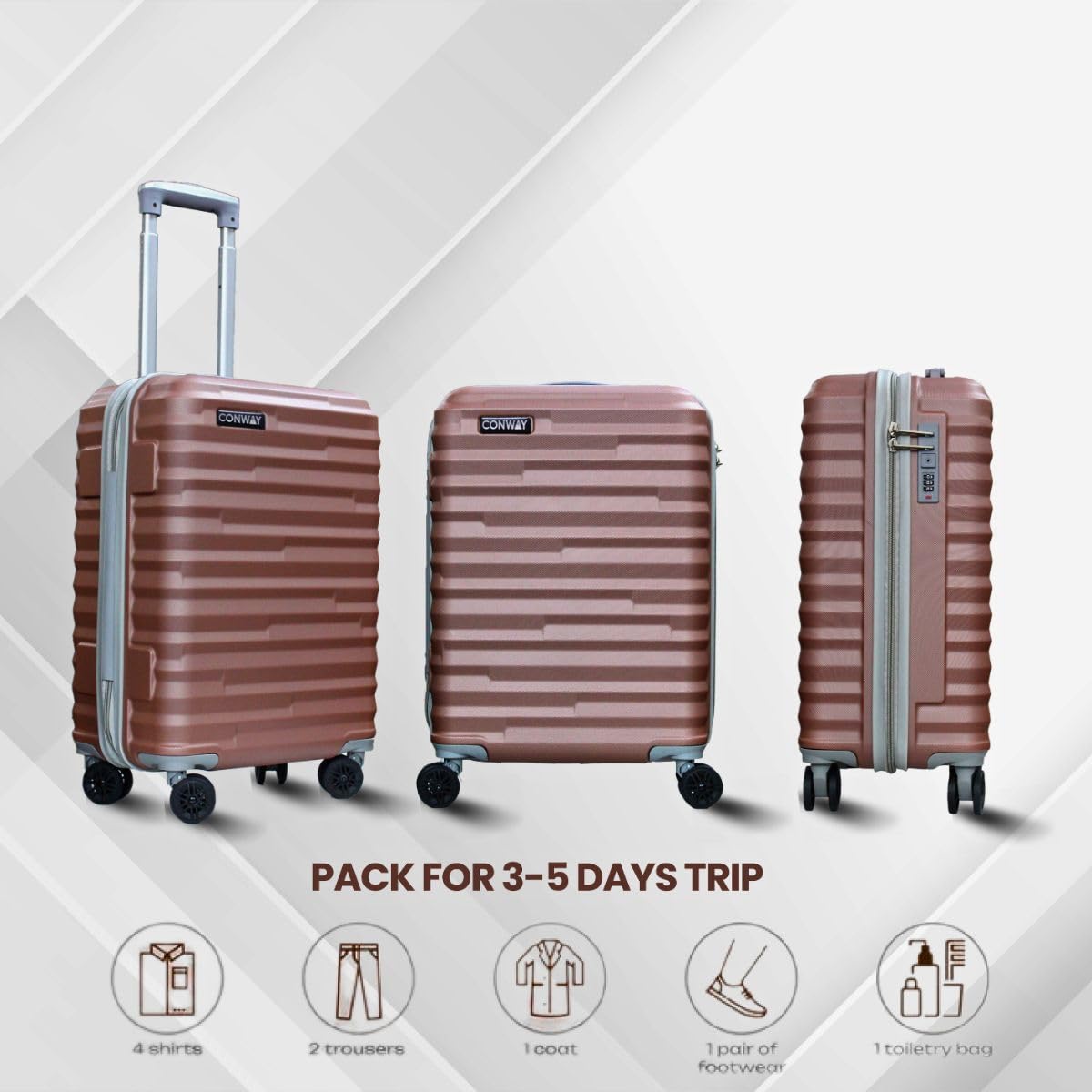 CONWAY TREKIFY 8 Wheels Number Lock Hardshell Abs Trolley Bag for Men & Women Suitcase | 360 Degree Wheeling System Luggage | Trolley Bags for Travel - Rose Pink-55cm, 65cm and 75cm