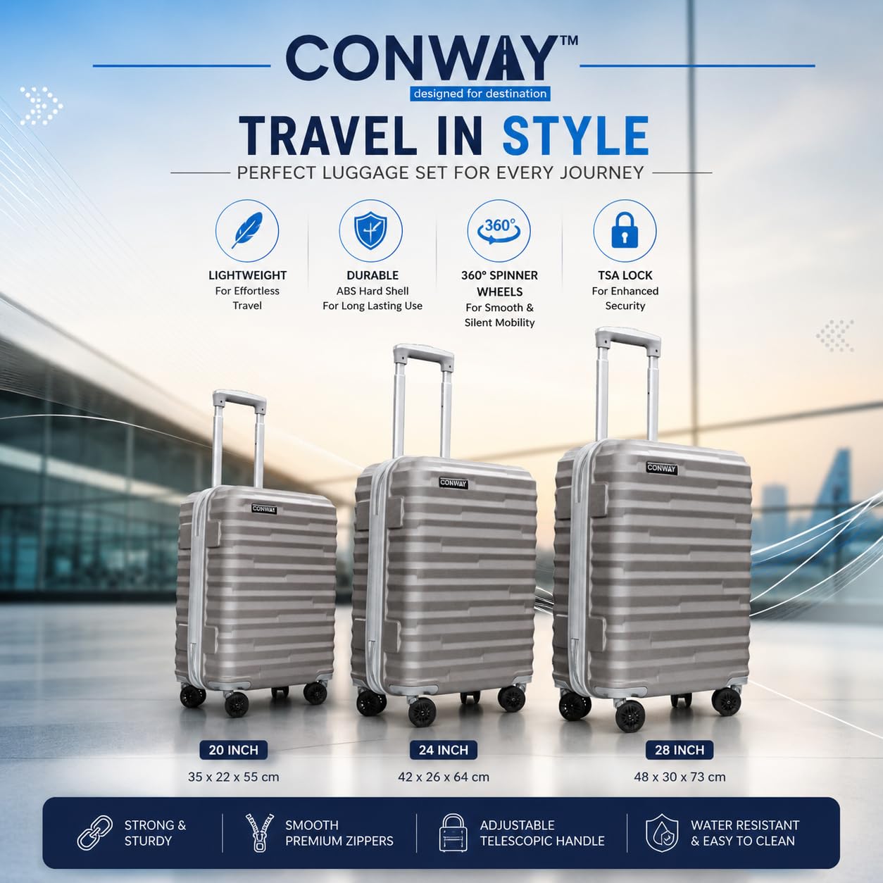 CONWAY 3 Piece Luggage Set | Cabin 55cm + Medium 65cm + Large 76cm Trolley Bags for Travel | ABS Hard Shell Suitcase | TSA Lock, Zippers & Silent 8 Wheels | (Grey, Set of 3)