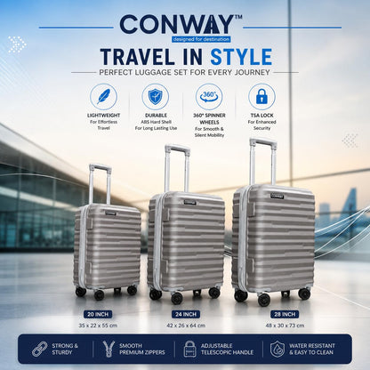 CONWAY 3 Piece Luggage Set | Cabin 55cm + Medium 65cm + Large 76cm Trolley Bags for Travel | ABS Hard Shell Suitcase | TSA Lock, Zippers & Silent 8 Wheels | (Grey, Set of 3)