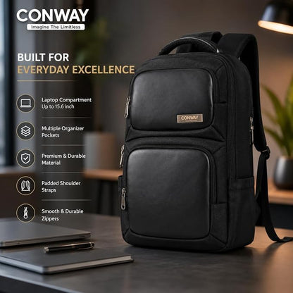 CONWAY AERIS Laptop Backpack for Men | 15.6 Inch Water Resistant Travel Backpack | Office Business Laptop Bag with Premium Metal Zippers & Trolley Strap