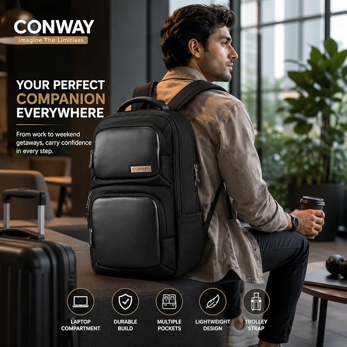 CONWAY AERIS Laptop Backpack for Men | 15.6 Inch Water Resistant Travel Backpack | Office Business Laptop Bag with Premium Metal Zippers & Trolley Strap