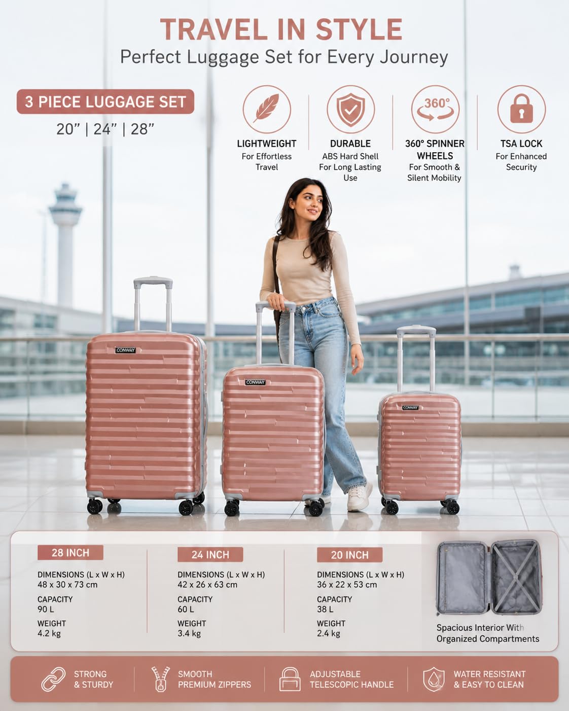 CONWAY 3 Piece Luggage Set | Cabin 55cm + Medium 65cm + Large 76cm Trolley Bags for Travel | ABS Hard Shell Suitcase | TSA Lock, Zippers & Silent 8 Wheels | (Rose Pink Set of 3)