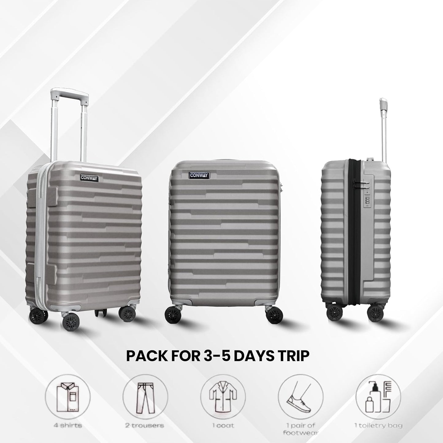 CONWAY TREKIFY 8 Wheels Number Lock Hardshell Abs Trolley Bag for Men & Women Suitcase | 360 Degree Wheeling System Luggage | Trolley Bags for Travel -Silver-55cm, 65cm and 75cm (Copy)