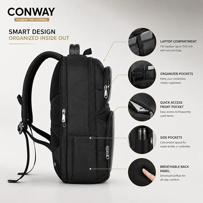 CONWAY AERIS Laptop Backpack for Men | 15.6 Inch Water Resistant Travel Backpack | Office Business Laptop Bag with Premium Metal Zippers & Trolley Strap