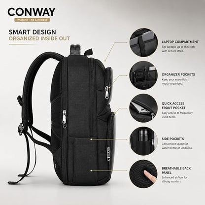 CONWAY AERIS Laptop Backpack for Men | 15.6 Inch Water Resistant Travel Backpack | Office Business Laptop Bag with Premium Metal Zippers & Trolley Strap