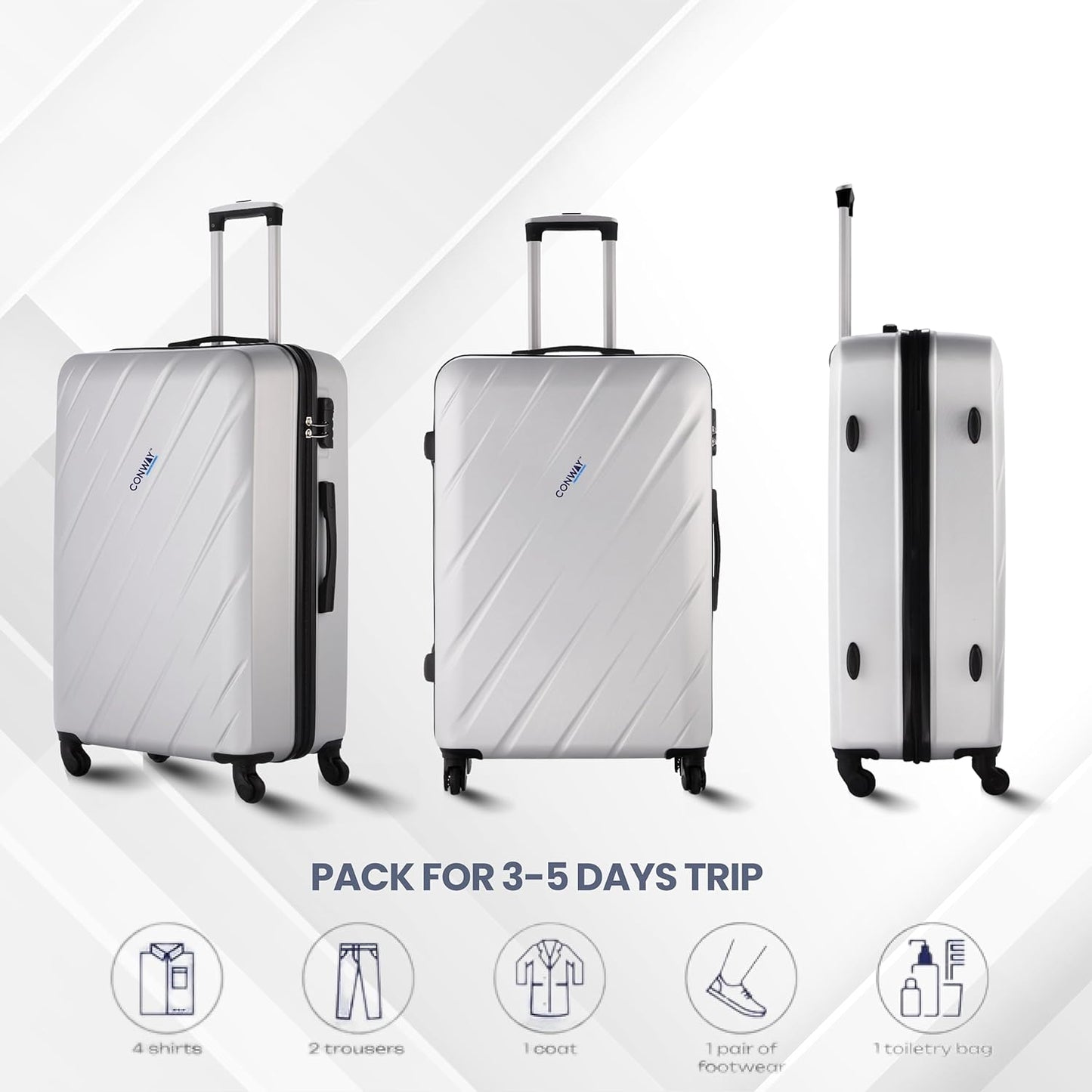 CONWAY 65cm Small Cabin Trolley Bag | 8 Wheels ABS Hardshell Luggage with 360° Spinner Wheels Suitcase - Carry-On Travel Suitcase for Men & Women l Trolley Bags for Travel - Silver