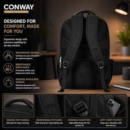 CONWAY AERIS Laptop Backpack for Men | 15.6 Inch Water Resistant Travel Backpack | Office Business Laptop Bag with Premium Metal Zippers & Trolley Strap