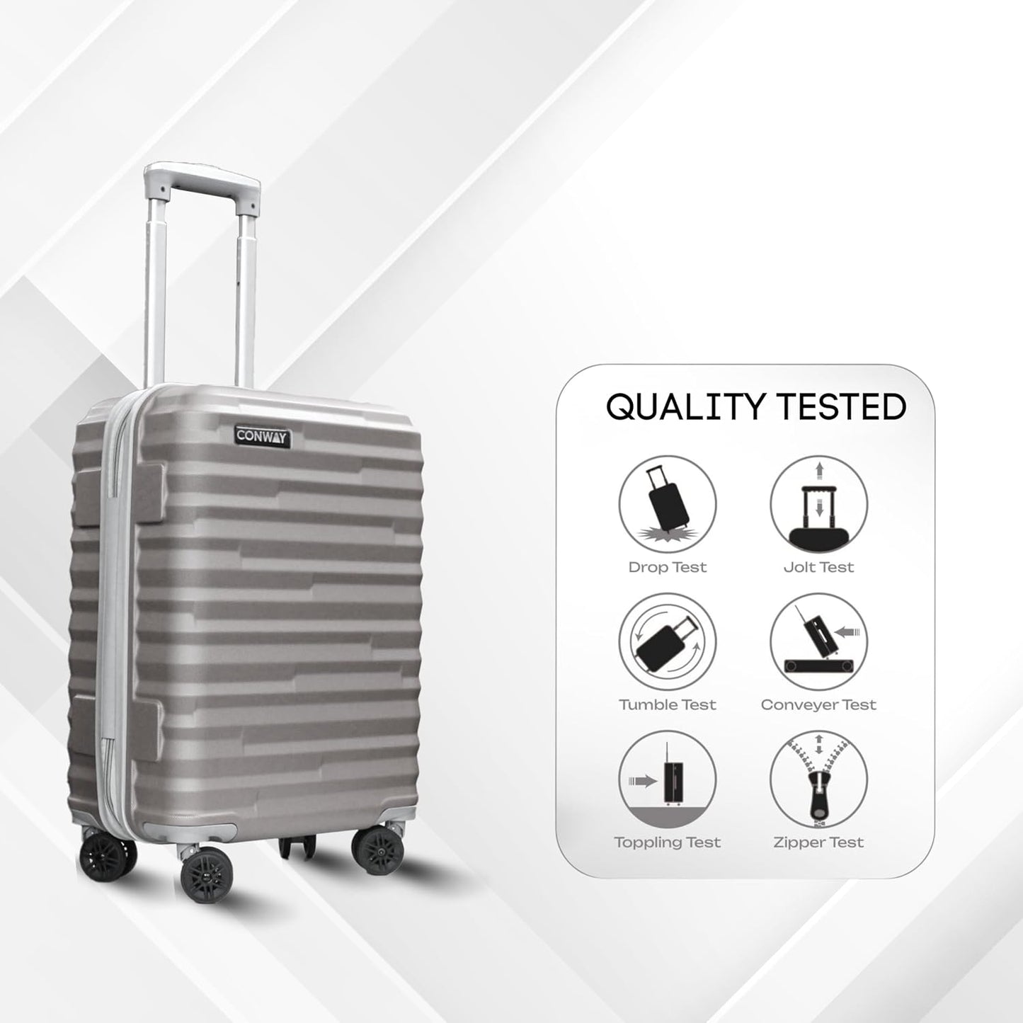 CONWAY 3 Piece Luggage Set | Cabin 55cm + Medium 65cm + Large 76cm Trolley Bags for Travel | ABS Hard Shell Suitcase | TSA Lock, Zippers & Silent 8 Wheels | (Grey, Set of 3)