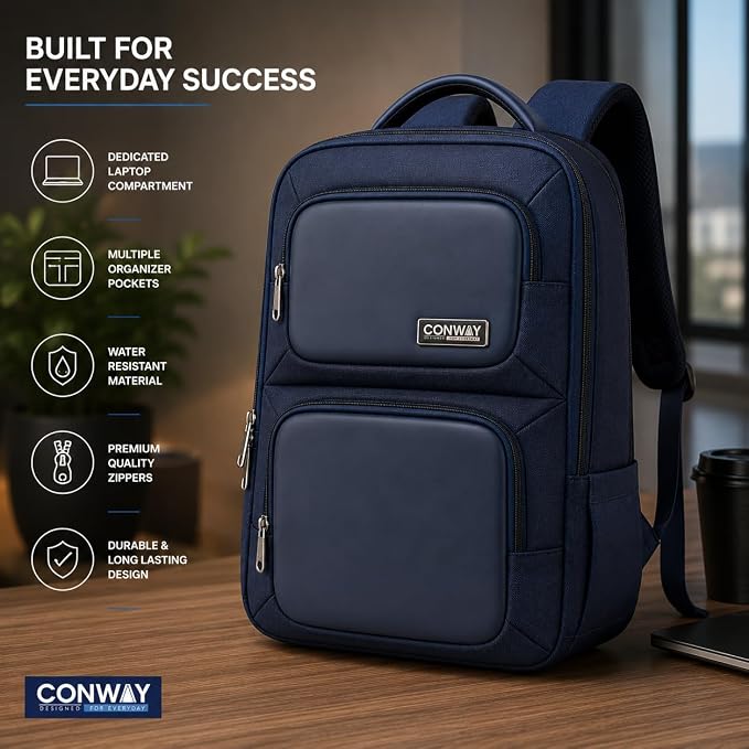 CONWAY AERIS Laptop Backpack for Men | 15.6 Inch Water Resistant Travel Backpack | Office Business Laptop Bag with Premium Metal Zippers & Trolley Strap