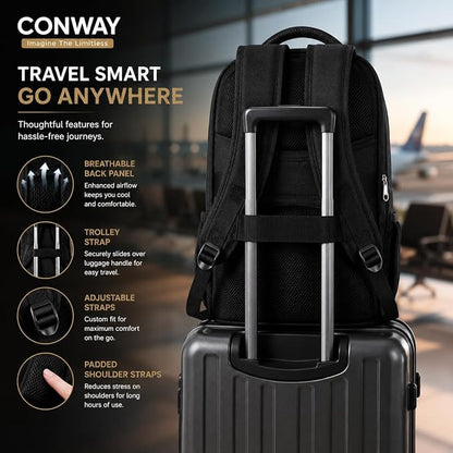 CONWAY AERIS Laptop Backpack for Men | 15.6 Inch Water Resistant Travel Backpack | Office Business Laptop Bag with Premium Metal Zippers & Trolley Strap