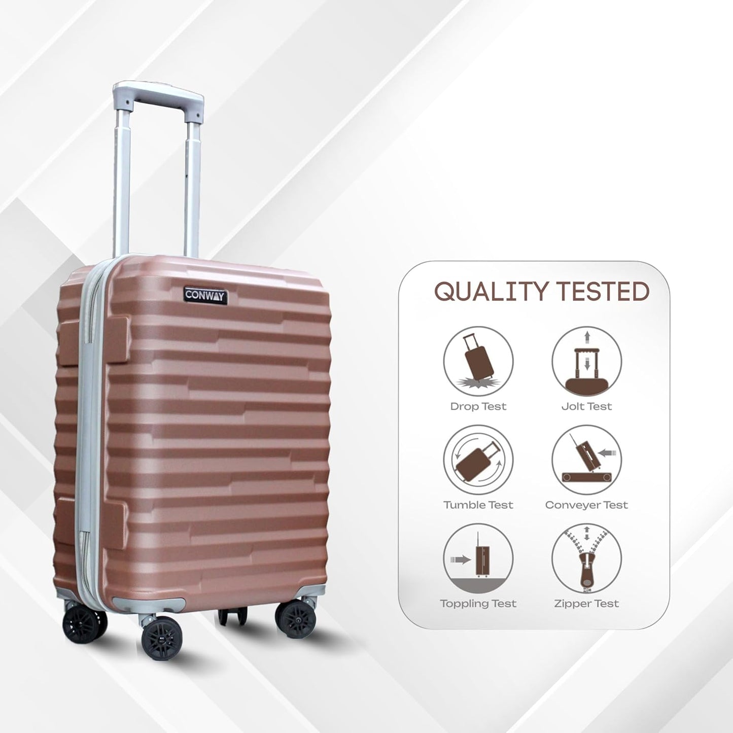 CONWAY 3 Piece Luggage Set | Cabin 55cm + Medium 65cm + Large 76cm Trolley Bags for Travel | ABS Hard Shell Suitcase | TSA Lock, Zippers & Silent 8 Wheels | (Rose Pink Set of 3)