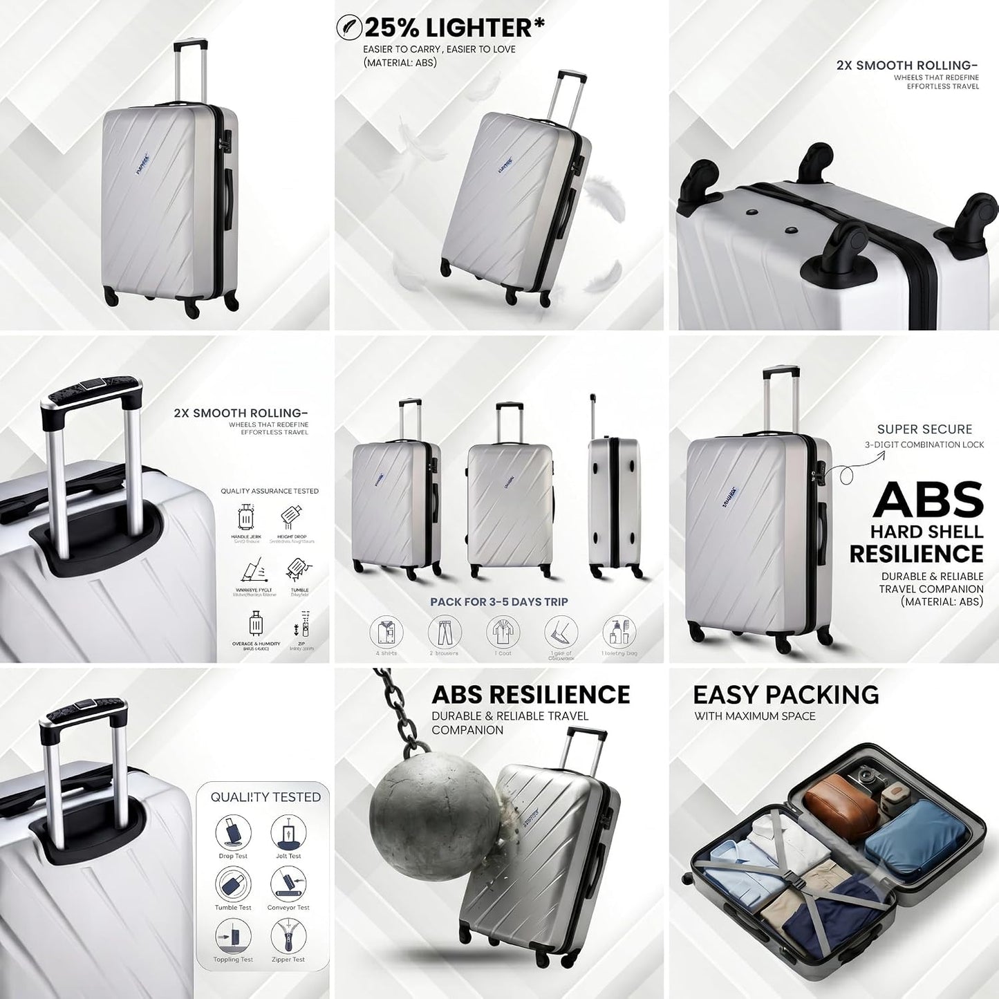 CONWAY Verve Hard Shell Luggage Set of 2 (24 Inch + 28 Inch) | TSA Lock | 360° Spinner Wheels | Lightweight Travel Suitcase Set for Men & Women | Silver